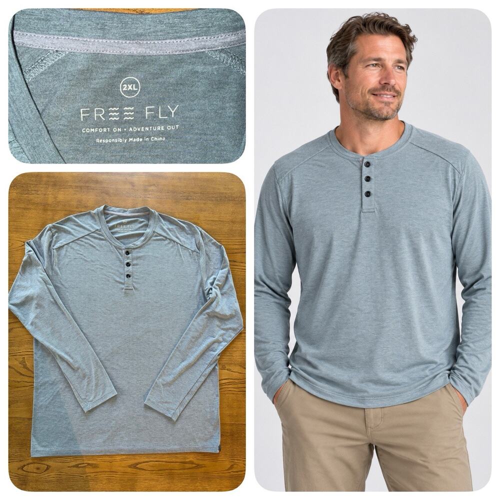 Free Fly Shirt XXL ‘Heather Juniper’ Green Bamboo Flex Henley Long Sleeve EUC